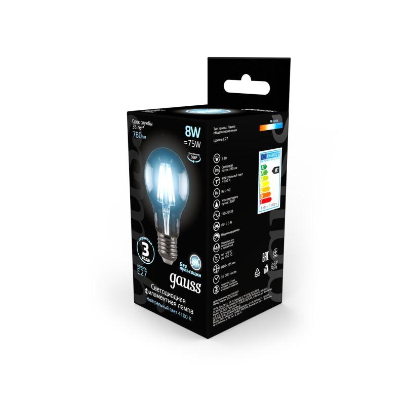 Лампа светодиодная филаментная Black Filament 8Вт A60 грушевидная 4100К нейтр. бел. E27 780лм GAUSS 102802208