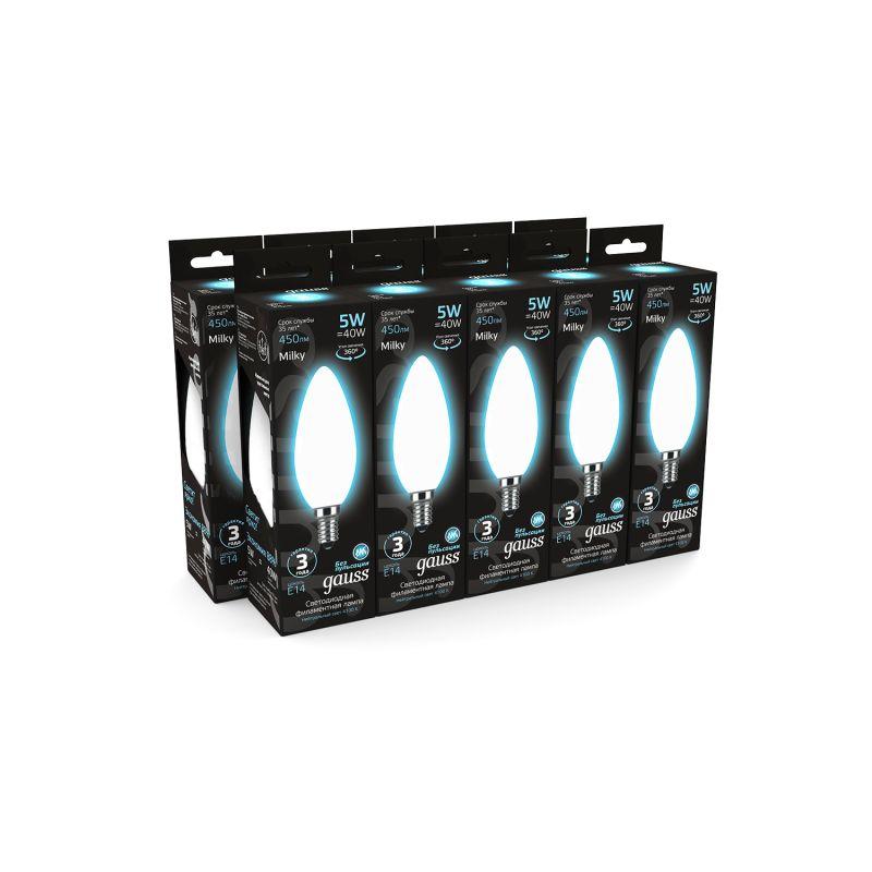 Лампа светодиодная филаментная Black Filament 5Вт свеча матовая 4100К нейтр. бел. E14 450лм GAUSS 103201205