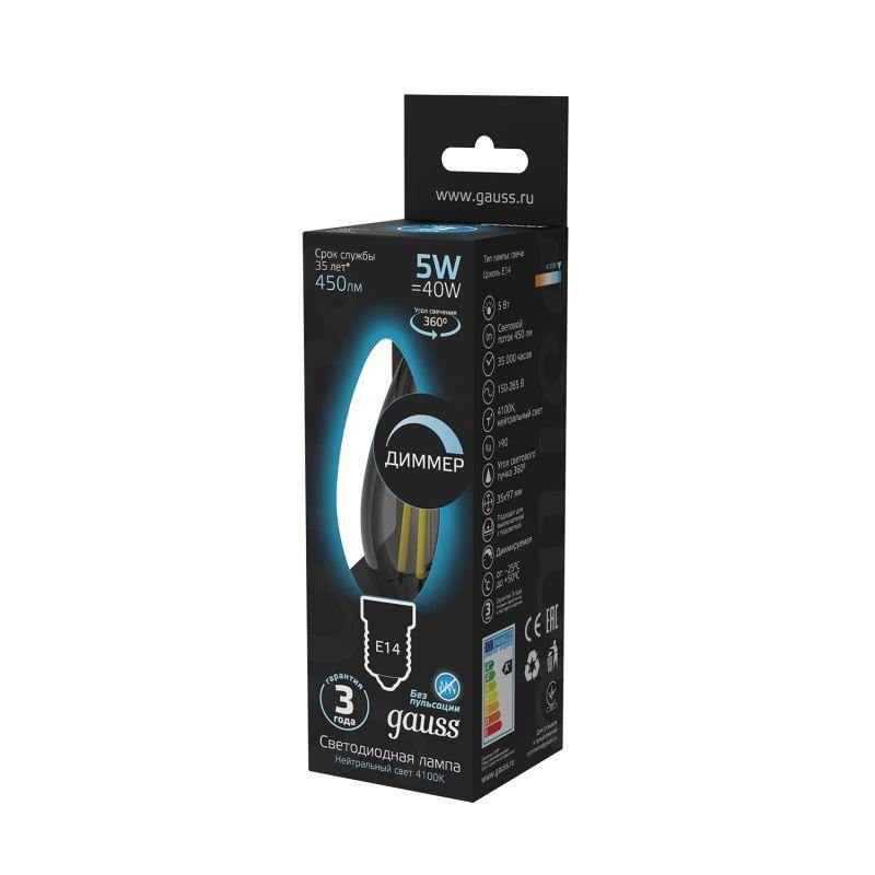 Лампа светодиодная филаментная Black Filament 5Вт свеча 4100К нейтр. бел. E14 450лм диммир. GAUSS 103801205-D