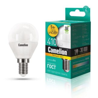 Лампа светодиодная LED5-G45/830/E14 5Вт шар матовая 3000К тепл. бел. E14 410лм 170-265В Camelion 12027