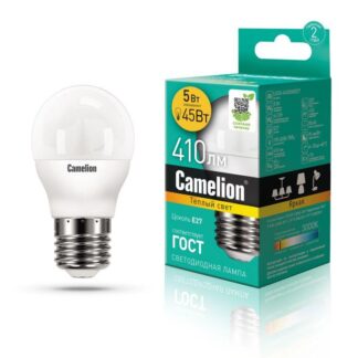 Лампа светодиодная LED5-G45/830/E27 5Вт шар матовая 3000К тепл. бел. E27 410лм 170-265В Camelion 12028