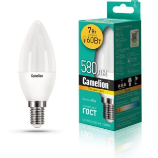 Лампа светодиодная LED7-C35/830/E14 7Вт свеча матовая 3000К тепл. бел. E14 580лм 170-265В Camelion 12073
