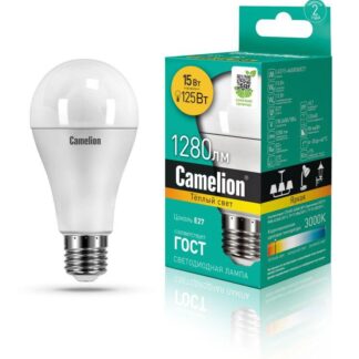 Лампа светодиодная LED15-A65/830/E27 15Вт грушевидная 3000К тепл. бел. E27 1280лм 170-265В Camelion 12196 / 12185