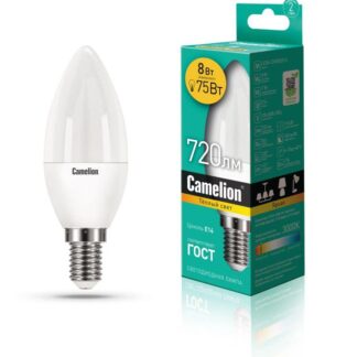 Лампа светодиодная LED8-C35/830/E14 8Вт свеча 3000К тепл. бел. E14 720лм 170-265В Camelion 12385
