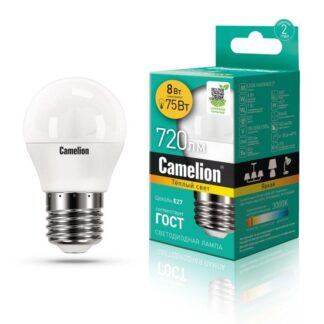 Лампа светодиодная LED8-G45/830/E27 8Вт шар 3000К тепл. бел. E27 720лм 170-265В Camelion 12392