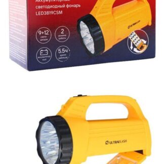 Фонарь аккумуляторный LED3819CSM 9LED + 12SMD 2 режима аккум. SLA 220В желт. Ultraflash 12102/12860