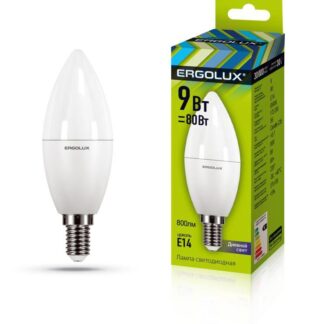 Лампа светодиодная LED-C35-9W-E14-6К Свеча 9Вт E14 6500К 172-265В Ergolux 13169
