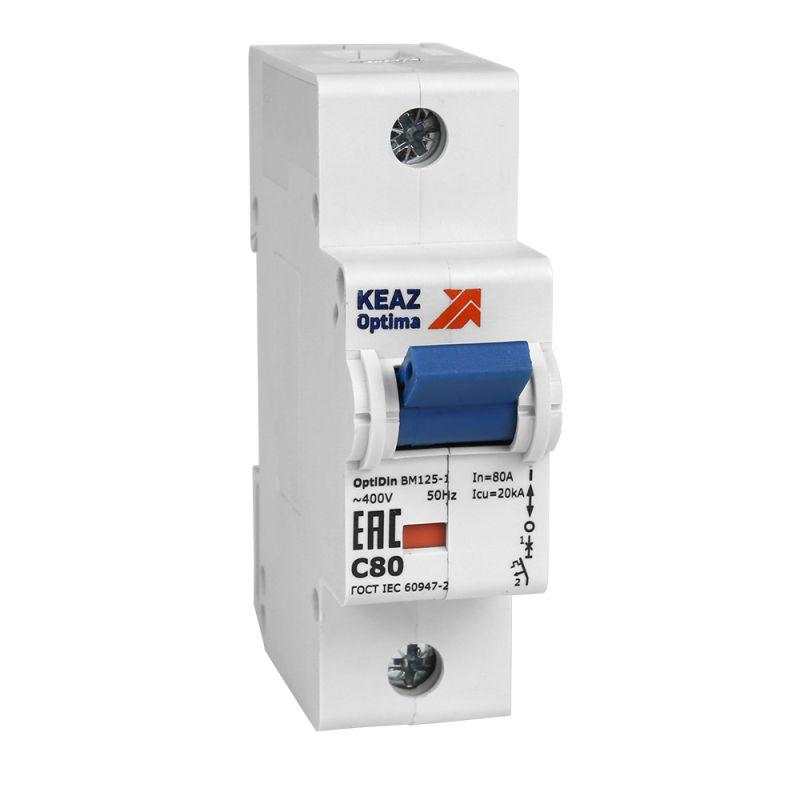 Выключатель автоматический модульный 1п D 80А 20кА OptiDin BM125-1D80-14ln-УХЛ3 КЭАЗ 138595