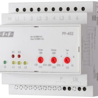 Переключатель фаз PF-452 (два выхода для питания нагрузки; с регулируемыми верхними (230-260) и нижними (150-210) значениями напряжения переключения; монтаж на DIN-рейке 35мм 3х400/230+N 6х16A IP20) F&F EA04.005.004