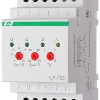 Реле напряжения CP-733 (трехфазное; контроль нижнего (150-210В) и верхнего (240-270В) порога напряжения; отдельный контакт на каждую фазу; монтаж на DIN-рейке 35мм 3х400/230 N 3х8А 3х1Z IP20) F&F EA04.009.006