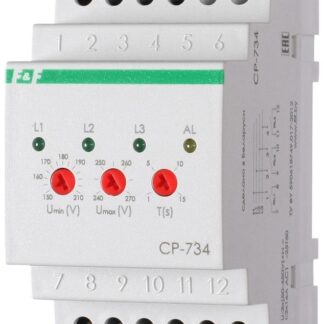 Реле напряжения CP-734 (трехфазное; контроль нижнего (150-210В) и верхнего (240-270В) порога напряжения; отдельный контакт на каждую фазу; монтаж на DIN-рейке 35мм 3х400/230 N 3х8А 3х1R IP20) F&F EA04.009.007