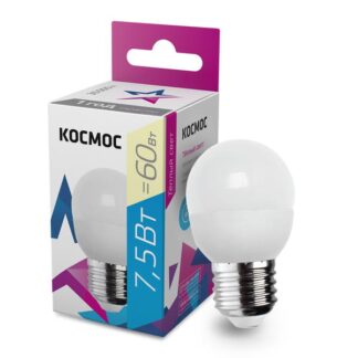 Лампа светодиодная 7.5Вт шар 3000К тепл. бел. E27 220В КОСМОС LkecLED7.5wGL45E2730