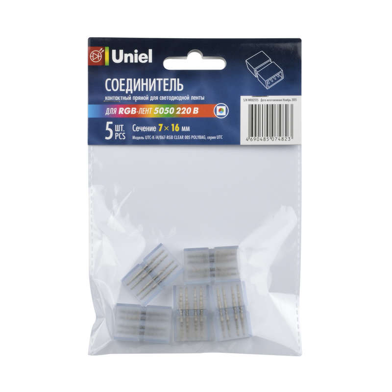 Соединитель контактный прямой UTC-K-14/B67-RGB CLEAR 005 POLYBAG для светодиодных лент 220В 5050 RGB 4 контакта прозр. (уп.5шт) Uniel 10826
