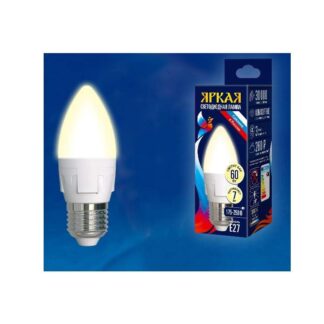 Лампа светодиодная LED-C37 7W/WW/E27/FR PLP01WH Яркая 7Вт свеча матовая 3000К тепл. бел. E27 (упак. картон) Uniel UL-...