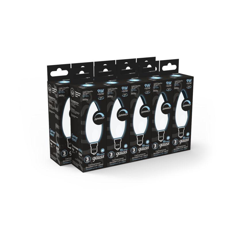 Лампа светодиодная филаментная Black Filament 9Вт свеча матовая 4100К нейтр. бел. E14 610лм диммир. GAUSS 103201209-D