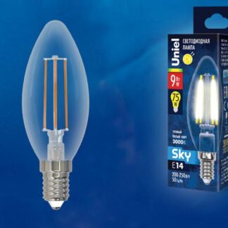 Лампа светодиодная LED-C35-9W/3000K/E14/CL PLS02WH Sky прозр. картон Uniel UL-00005160