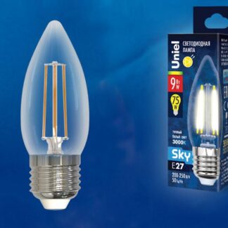 Лампа светодиодная LED-C35-9W/3000K/E27/CL PLS02WH Sky прозр. картон Uniel UL-00005162