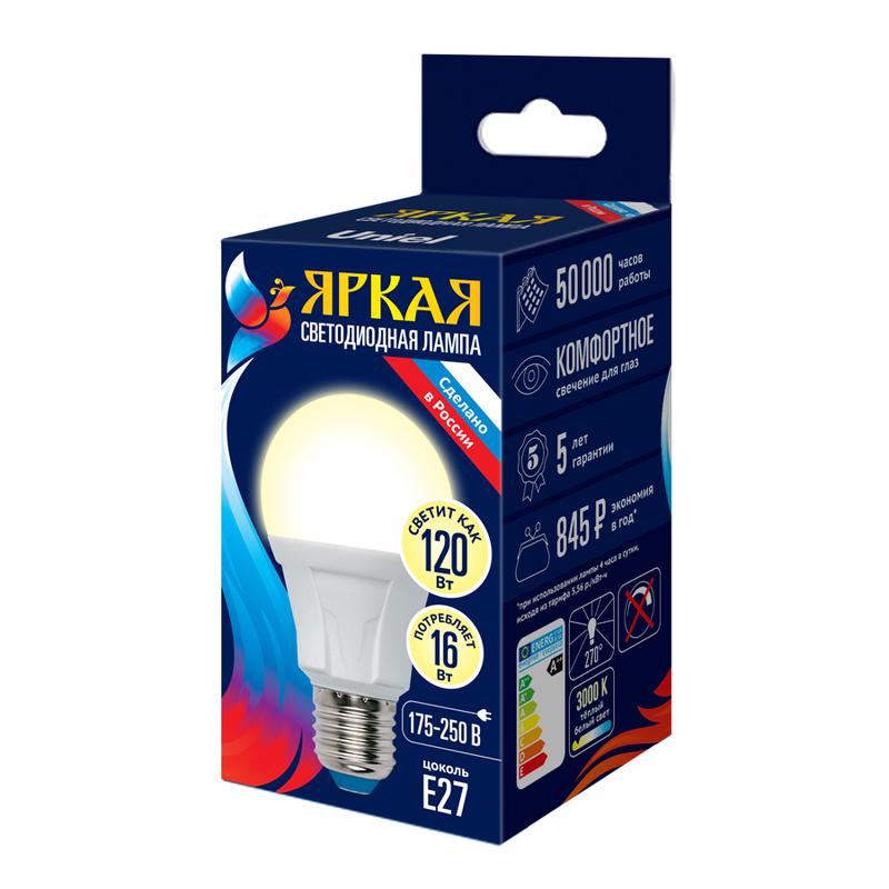 Лампа светодиодная LED-A60 16W/3000K/E27/FR PLP01WH Яркая 16Вт матовая 3000К тепл. бел. E27 (упак. картон) Uniel UL-0...