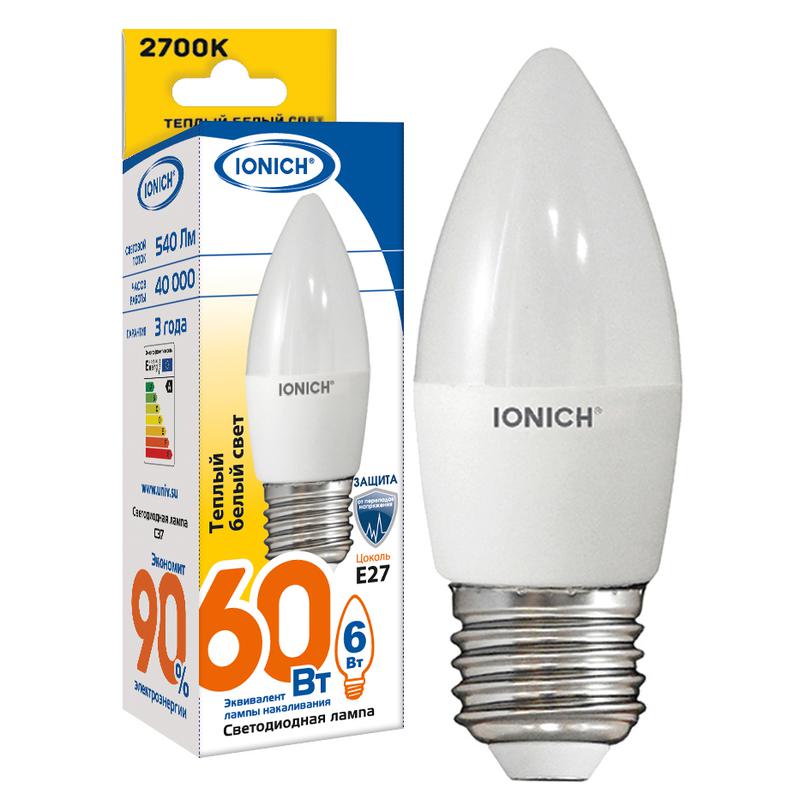 Лампа светодиодная ILED-SMD2835-C37-6-540-230-2.7-E27 C37 6Вт Свеча 2700К тепл. бел. E27 230В IONICH 1631