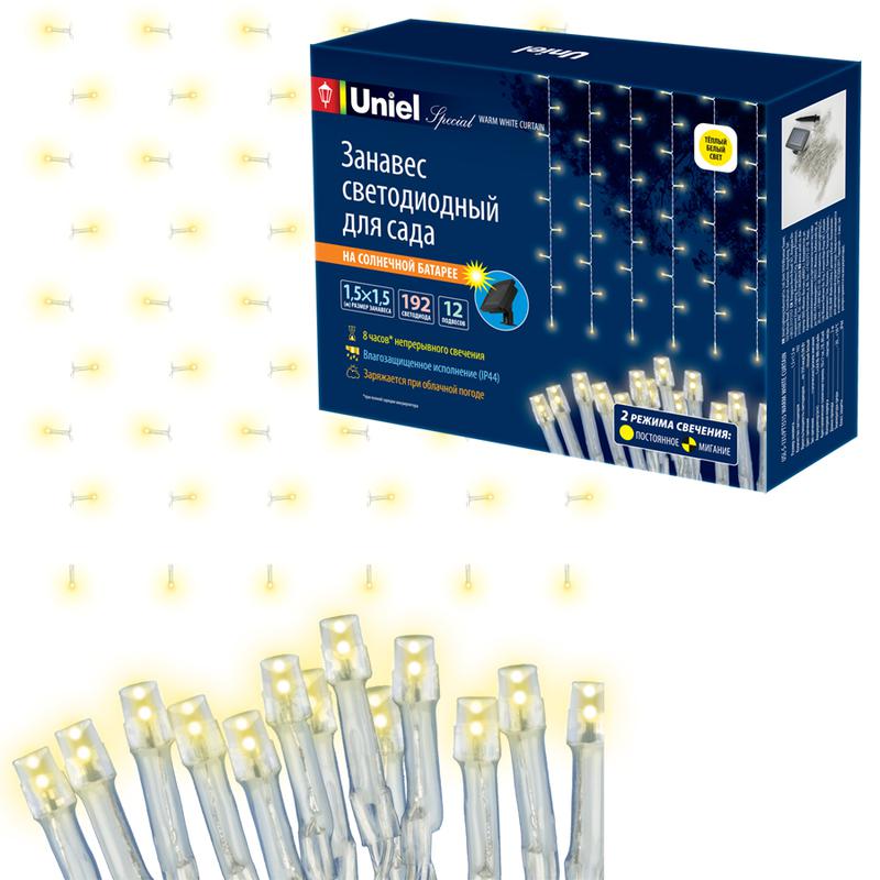 Занавес садовый USL-S-131/PT1515 WARM WHITE CURTAIN солнечная батарея 192 светодиода теплый бел. свет IP44 Uniel UL-0...