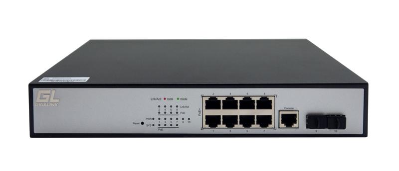 Коммутатор управляемый L2 PoE 8 Base-T 10/100/1000Mb/s портов 2 Base-X SFP 1000Mb/s 1U 19дюйм 220В суммарная мощность...