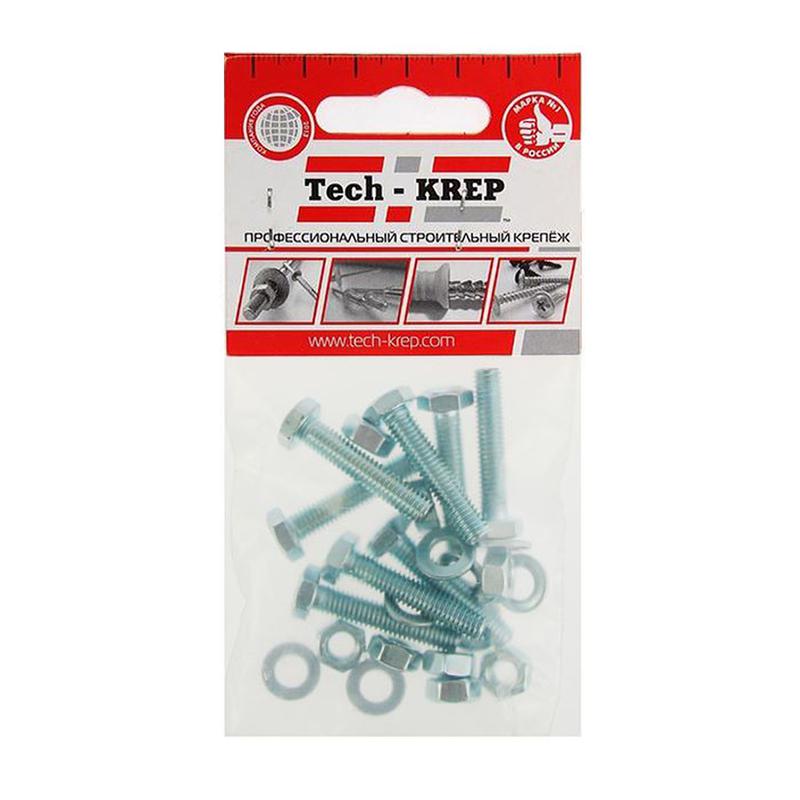 Болт с шестигранной головкой М6х30 DIN 933 класс прочн. 8.8 с гайкой и шайбой оцинк. (пакет) (уп.8шт) Tech-Krep/Zitar...