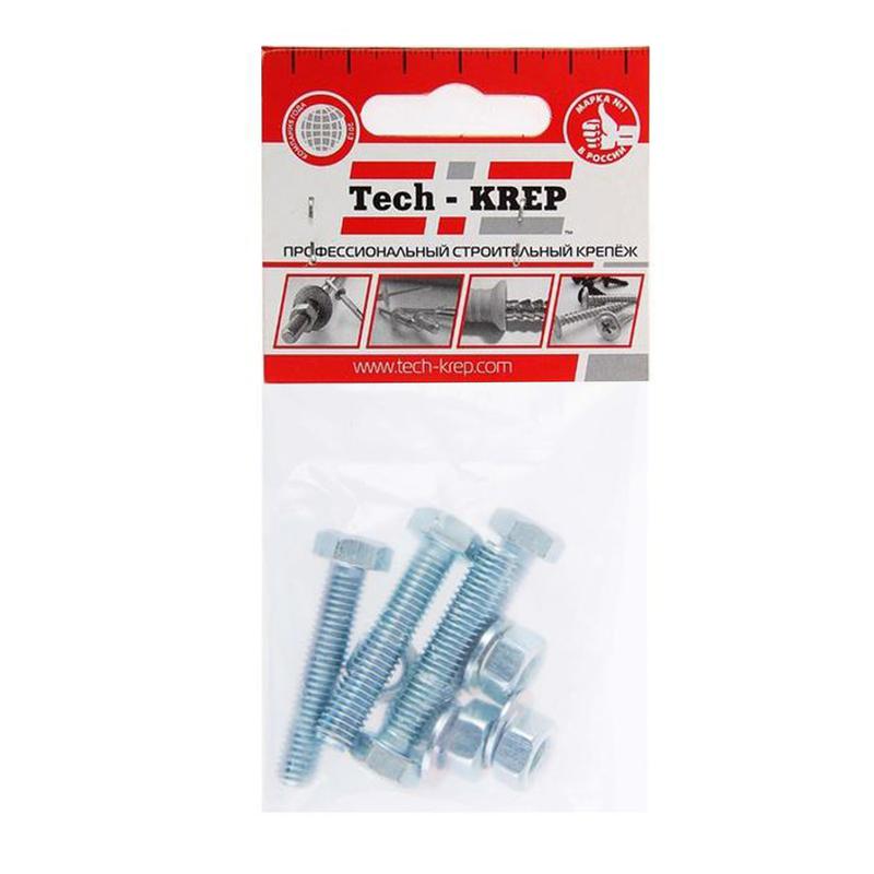 Болт с шестигранной головкой М8х30 DIN 933 класс прочн. 8.8 с гайкой и шайбой оцинк. (пакет) (уп.4шт) Tech-Krep/Zitar...