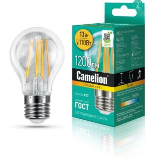 Лампа светодиодная филаментная LED13-A60-FL/830/E27 12Вт 220В Camelion 13716