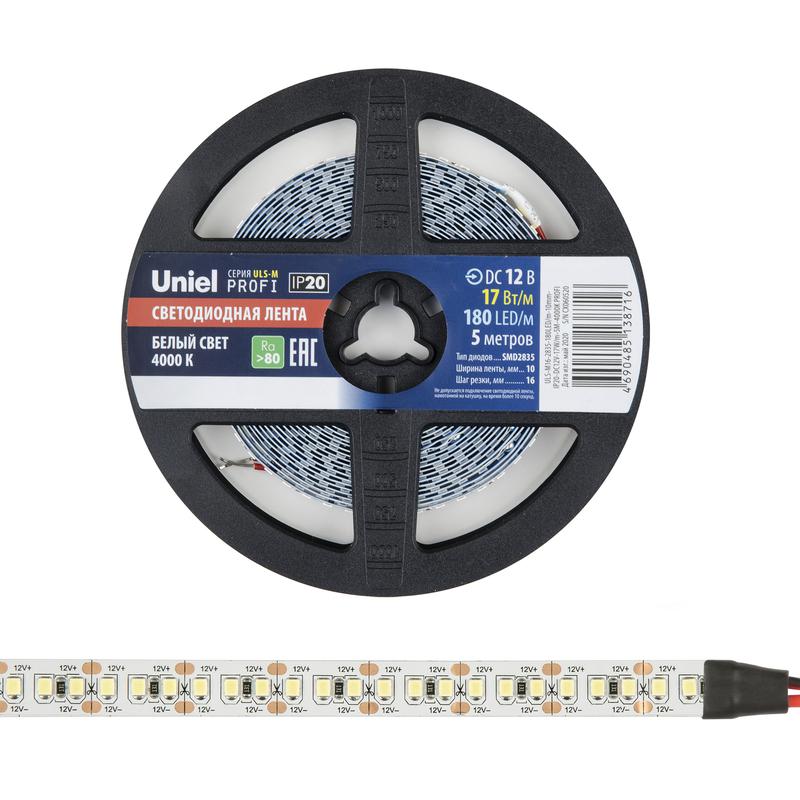 Лента светодиодная ULS-M16-2835-180LED/m-10mm-IP20-DC12V-17W/m-5M-4000K PROFI 17Вт/м 180LED/м 4000К нейтр. бел. IP20 ...