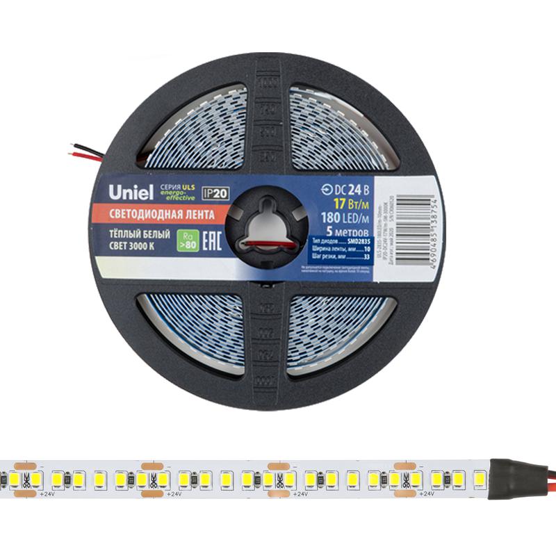 Лента светодиодная ULS-2835-180LED/m-10mm-IP20-DC24V-17W/m-5M-3000K 17Вт/м 180LED/м 3000К тепл. бел. IP20 24В DC 10мм...
