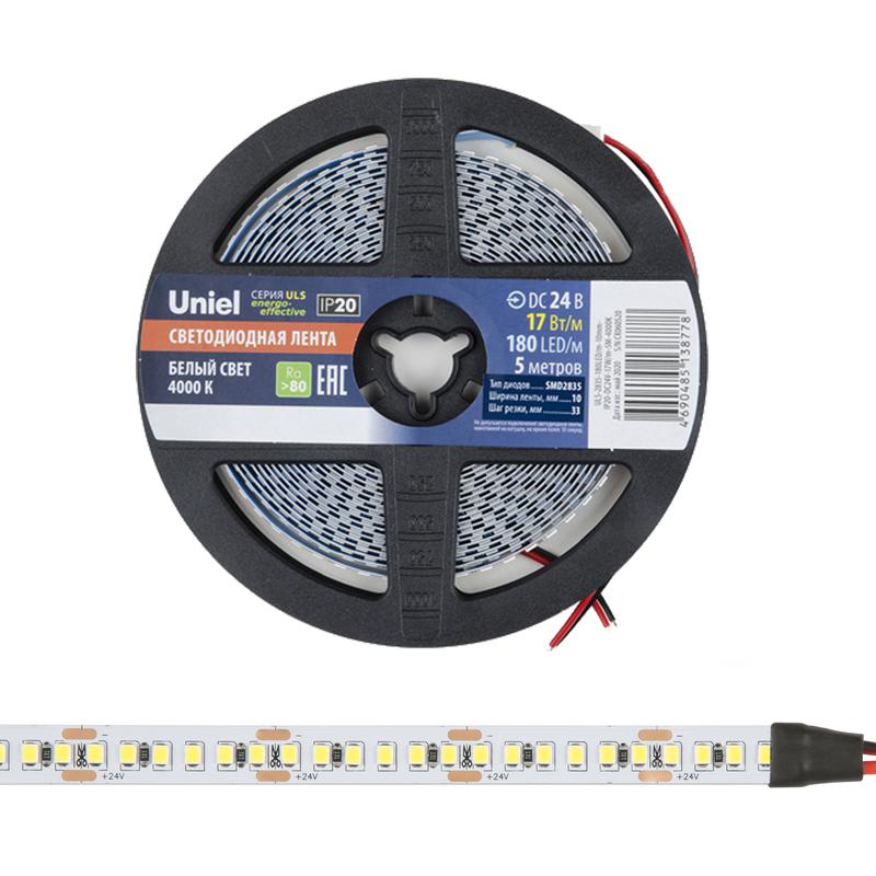 Лента светодиодная ULS-2835-180LED/m-10mm-IP20-DC24V-17W/m-5M-4000K 17Вт/м 180LED/м 4000К нейтр. бел. IP20 24В DC 10м...