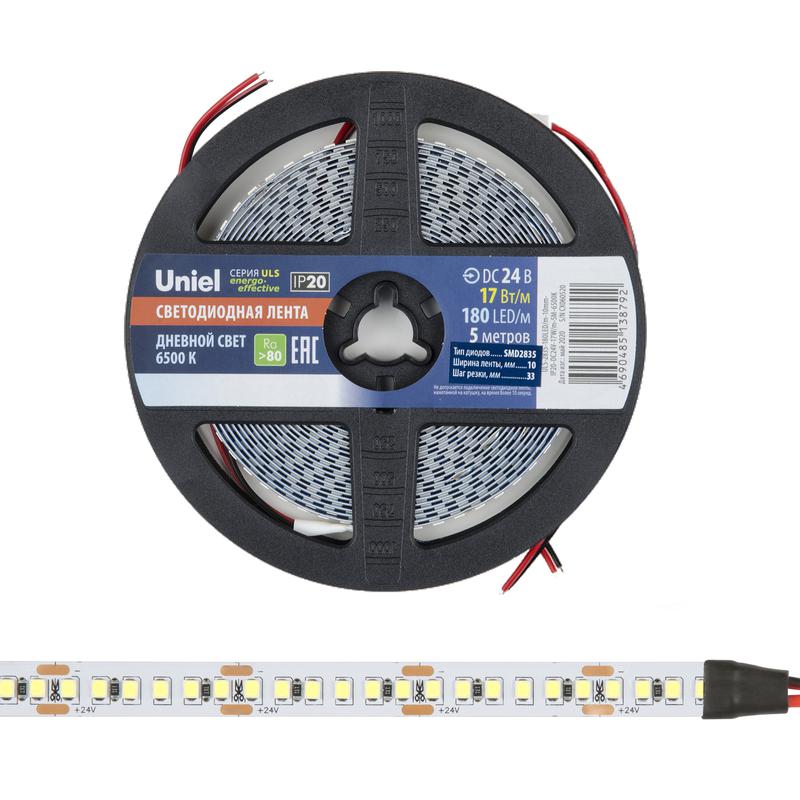 Лента светодиодная ULS-2835-180LED/m-10mm-IP20-DC24V-17W/m-5M-6500K 17Вт/м 180LED/м 6500К холод. бел. IP20 24В DC 10м...