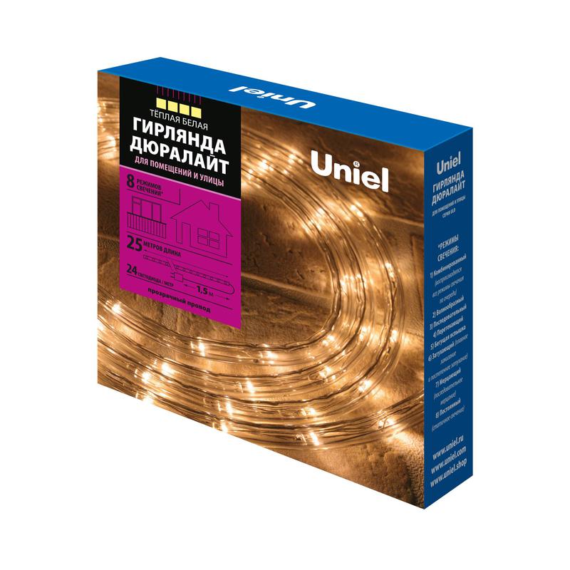 Гирлянда светодиодная ULD-D50 25M/С08 IP44 WARM WHITE Дюралайт 25м с контроллером тепл. бел. свет. провод бел. Uniel ...