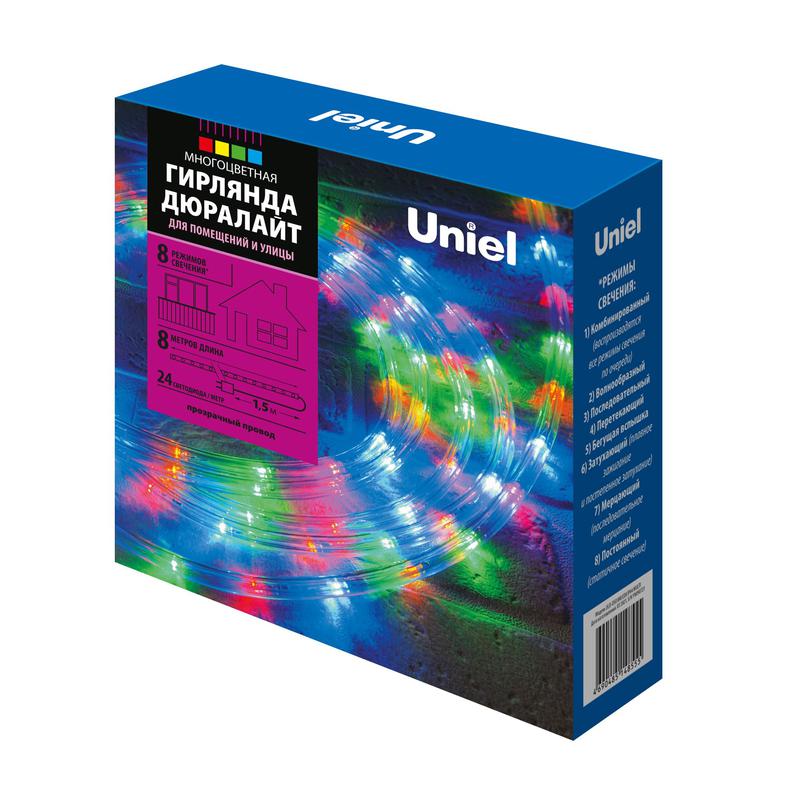 Гирлянда светодиодная ULD-D50 8M/С08 IP44 MULTI Дюралайт 8м с контроллером разноцвет. свет. провод бел. Uniel UL-0000...