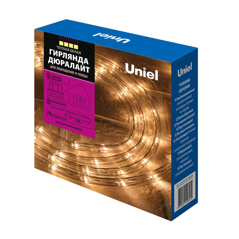 Гирлянда светодиодная ULD-D50 8M/С08 IP44 WARM WHITE Дюралайт 8м с контроллером тепл. бел. свет. провод бел. Uniel UL...