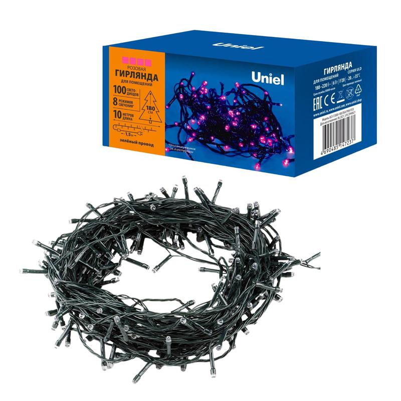 Гирлянда светодиодная ULD-S1000-100/DGA PINK IP20 10м 100 LED роз. свет провод зел. Uniel UL-00008406