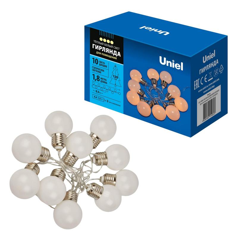 Гирлянда ULD-S1800-010/STB/3AA WARM WHITE IP20 BULBS "Лампочки" 3AA (не в/к) 1.8м 10 LED тепл. бел. свет. провод проз...