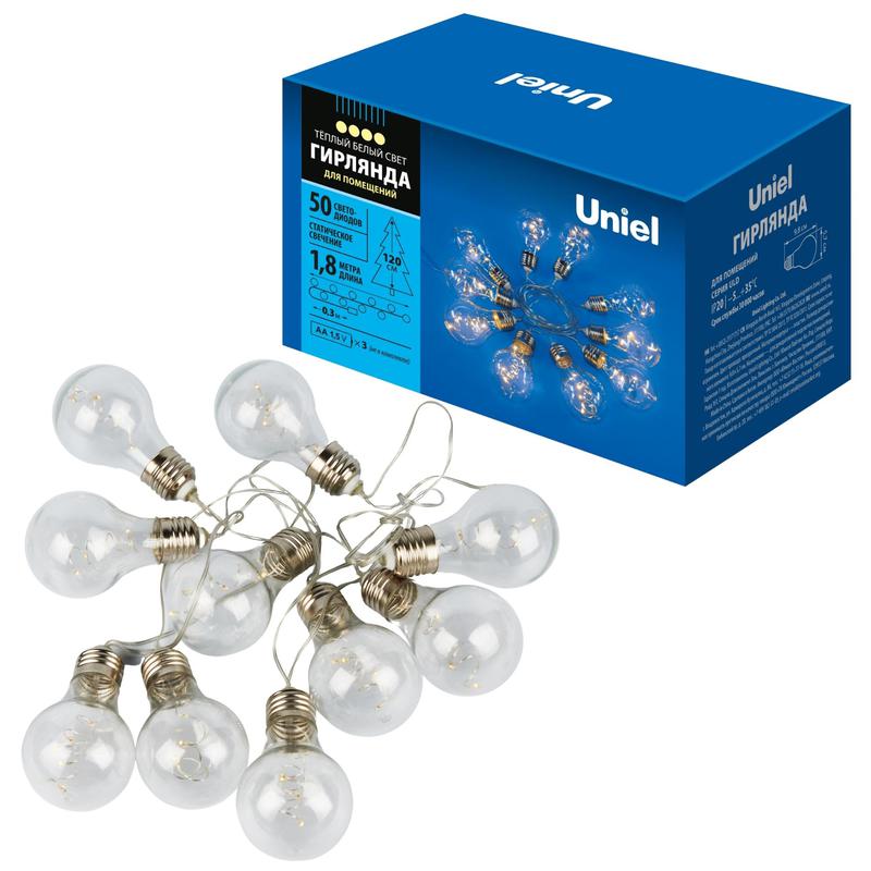 Гирлянда ULD-S1800-050/STB/3AA WARM WHITE IP20 RETRO BULBS-1 "Лампочки ретро-1" 3AA (не в/к) 1.8м 50 LED провод прозр...