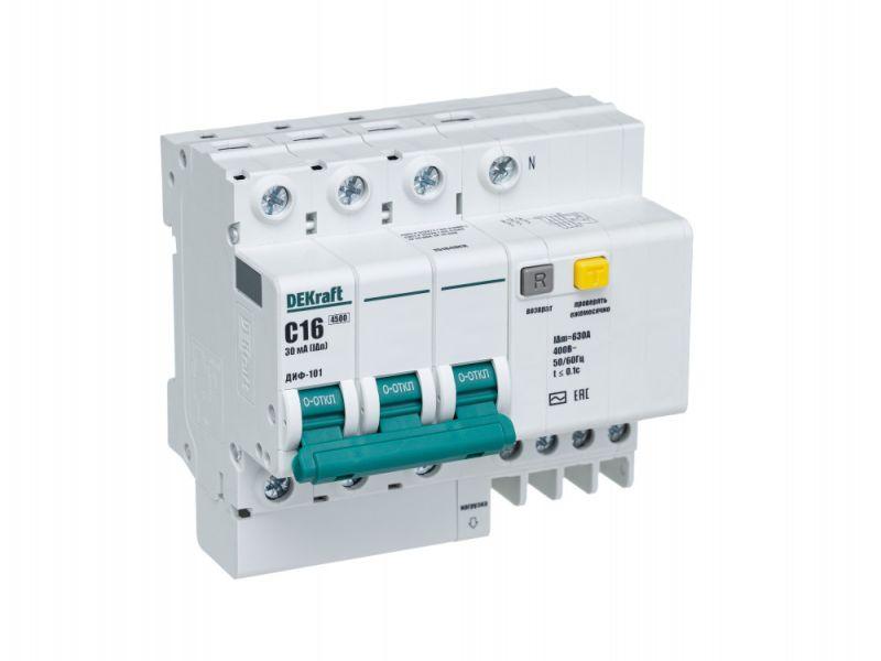 Выключатель автоматический дифференциального тока 4п (3P+N) C 16А 30мА тип AC ДИФ-101 со встроен. защитой от сверхток...