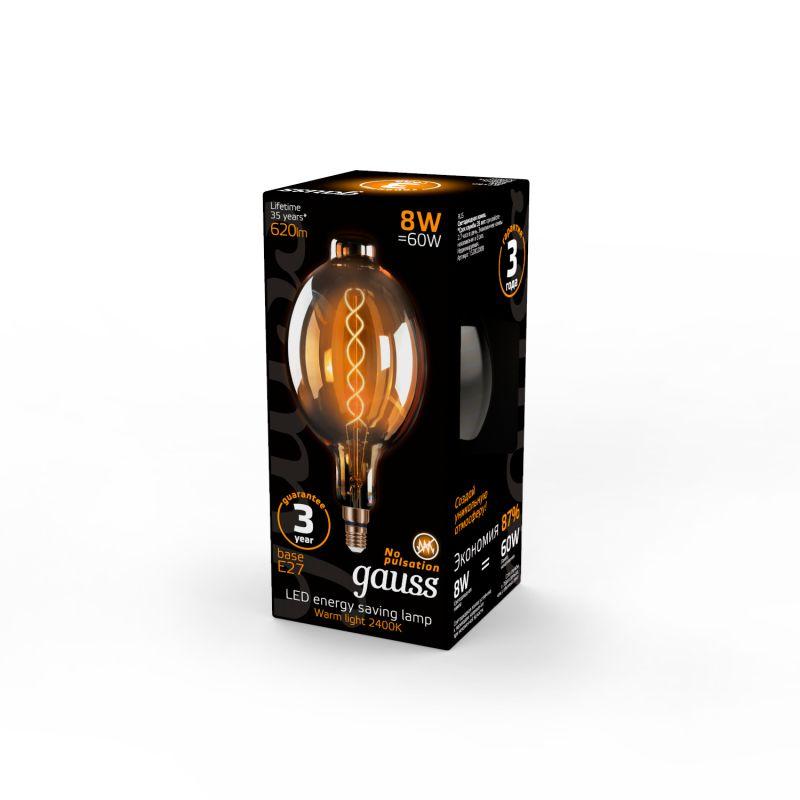 Лампа светодиодная филаментная Black Filament 8Вт BT180 золотая 2400К тепл. бел. E27 620лм GAUSS 152802008