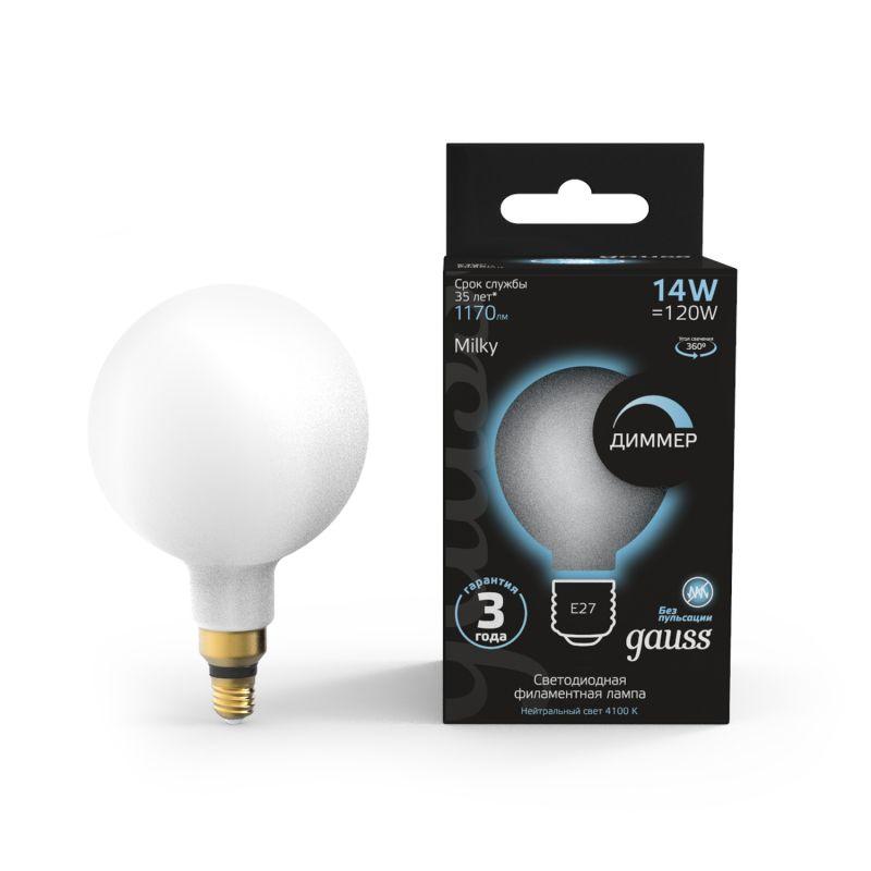 Лампа светодиодная филаментная Black Filament 14Вт G200 шар матовая 4100К нейтр. бел. E27 1170лм диммир. GAUSS 153202...