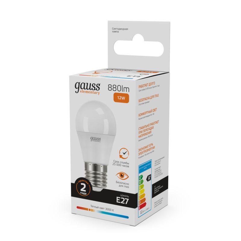 Лампа светодиодная Elementary 12Вт P45 шар 3000К тепл. бел. E27 880лм GAUSS 53212