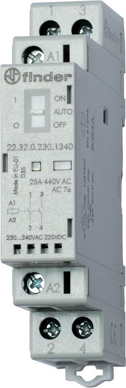 Контактор модульный 1NO + 1NC 25А AgSnO2 24В AC/DC 17.5мм IP20 опции: переключатель Авто-Вкл-Выкл + мех. индикатор + ...