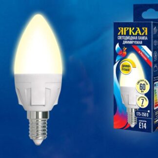 Лампа светодиодная LED-C37 7W/3000K/E14/FR/DIM PLP01WH Яркая 7Вт свеча матовая 3000К тепл. бел. E14 диммир. (упак. ка...