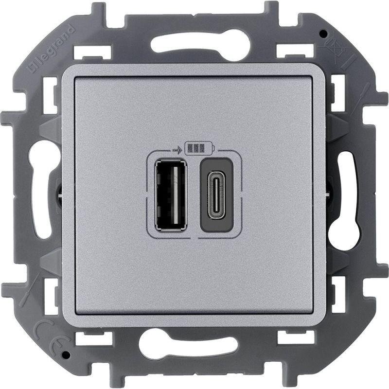 Устройство зарядное Inspiria с 2-мя USB разьемами A и C 240В/5В 3000мА алюм. IEK 673762