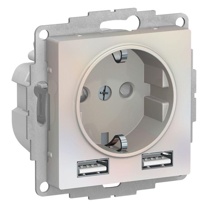 Розетка 1-м СП AtlasDesign 16А IP20 с 2-мя заряд. устройствами USB тип A+A 5В/2.4А 2х5В/1.2А механизм жемчуж. SE ATN0...