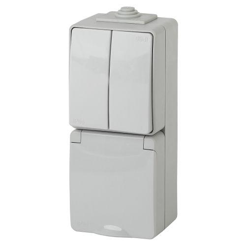 Блок розетка+выкл. ОП Эра Эксперт 11-7608-03 16А(10AX)-250В двойн. верт. IP65 сер. ЭРА Б0035999