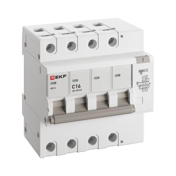 Выключатель автоматический дифференциального тока C 16А 30мА тип AC 6кА АД-4 (электрон.) защита 270В PROxima EKF DA4-...