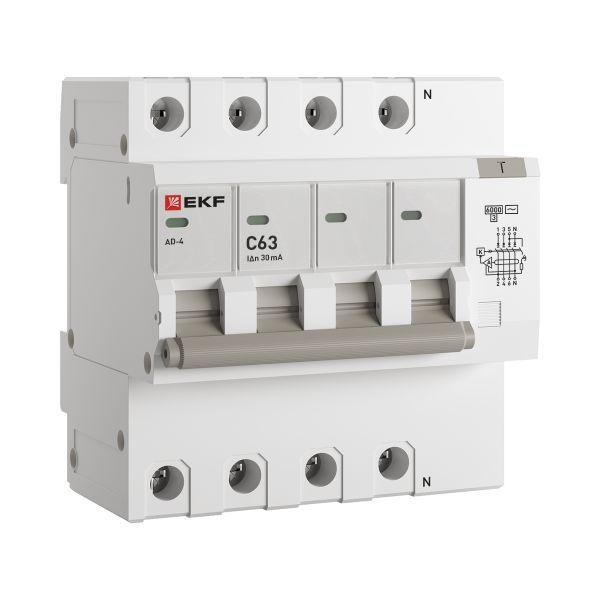Выключатель автоматический дифференциального тока C 63А 30мА тип AC 6кА АД-4 (электрон.) защита 270В PROxima EKF DA4-...