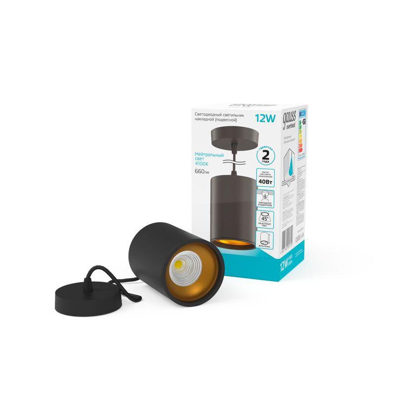 Светильник светодиодный Overhead 12Вт 4100К IP20 660лм 170-240В ДПО цилиндр подвесной черн. GAUSS HD042